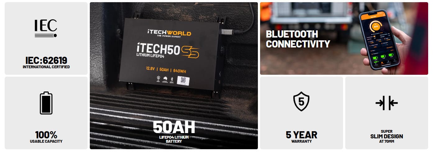 iTechworld iTECH50SS Super Slim Deep Cycle Lithium Battery with Bluetooth LiFePO4 50Ah - display of features of the battery.