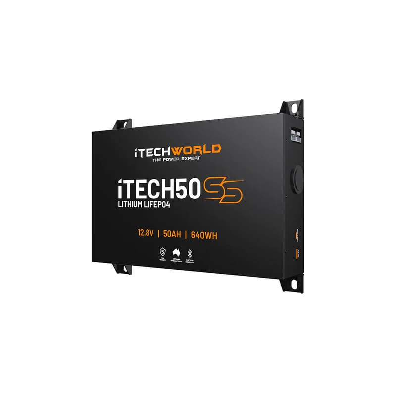 iTechworld iTECH50SS Super Slim Deep Cycle Lithium Battery with Bluetooth LiFePO4 50Ah - right side view of the battery shown on a white background.