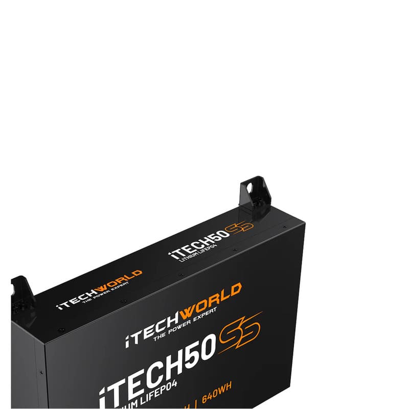 iTechworld iTECH50SS Super Slim Deep Cycle Lithium Battery with Bluetooth LiFePO4 50Ah - Top view of battery placed on a white background.