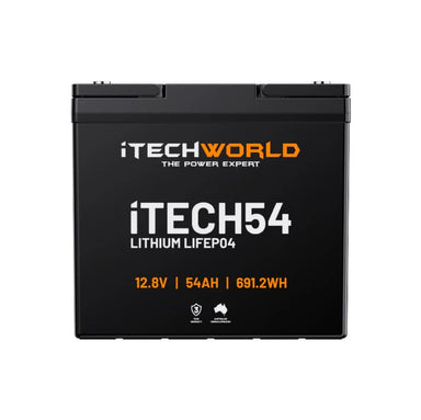 iTechworld iTECH54 Deep Cycle Lithium Battery LiFePO4 54Ah - frontal view of the battery shown on a white background.