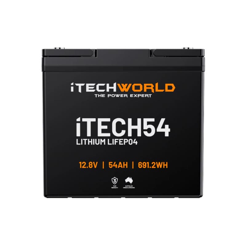 iTechworld iTECH54 Deep Cycle Lithium Battery LiFePO4 54Ah - frontal view of the battery shown on a white background.