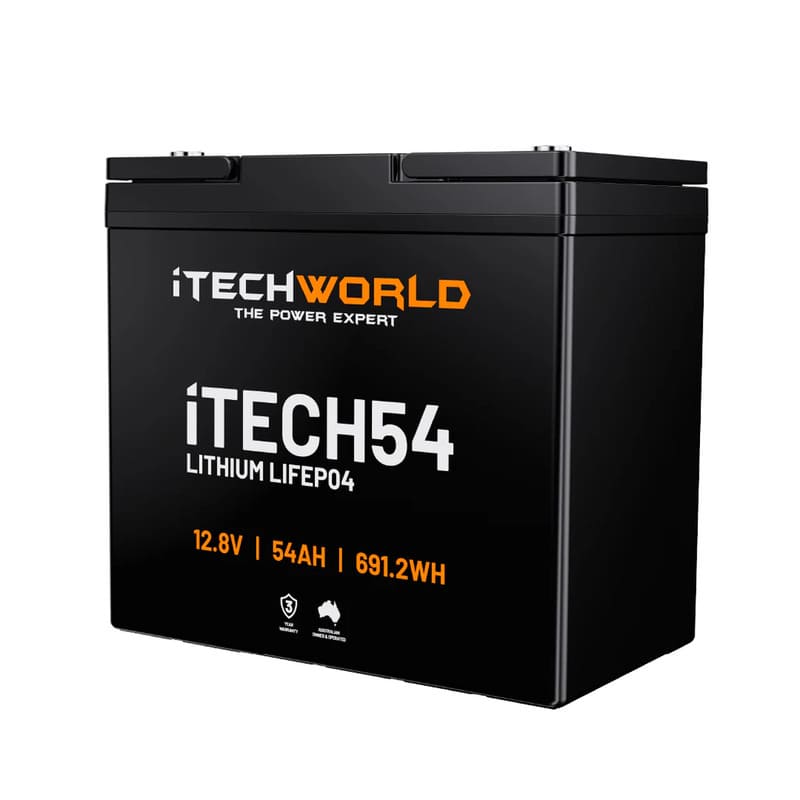 iTechworld iTECH54 Deep Cycle Lithium Battery LiFePO4 54Ah - side view of the battery shown on a white background.
