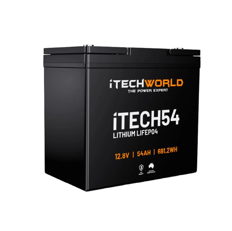iTechworld iTECH54 Deep Cycle Lithium Battery LiFePO4 54Ah - Left side view of the battery on a white background.