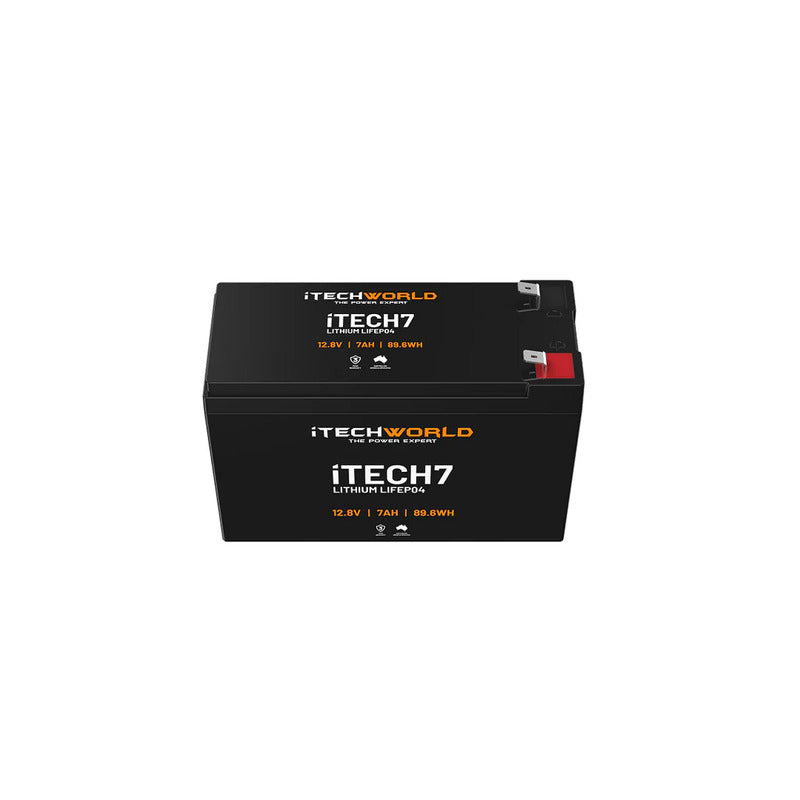 itechworld-itech7-deep-cycle-lithium-battery -  Top frontal view of the battery on a white background. 